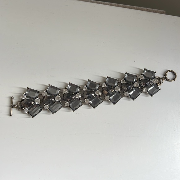 Vintage Gold Tone Clear, Smokey Grey Topaz Rhinestone Chunky Bracelet - Picture 4 of 13